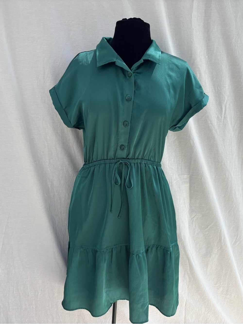 Lucky Brand Teal Satin Shirt Dress Coastal Chic Quiet Luxury Resortwear Boho Med